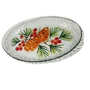 Vtg Oval Christmas Serving Tray Rippled Glass w/Color Pieces Applied on Reverse